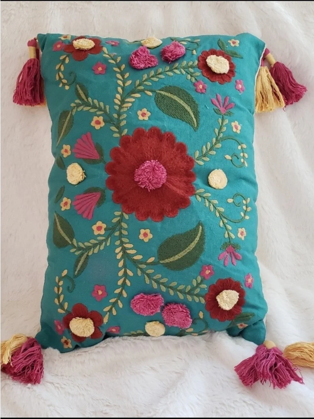 Pier 1 Embroidered Accent Pillow with Pom Pom Florals and Tassels NWT